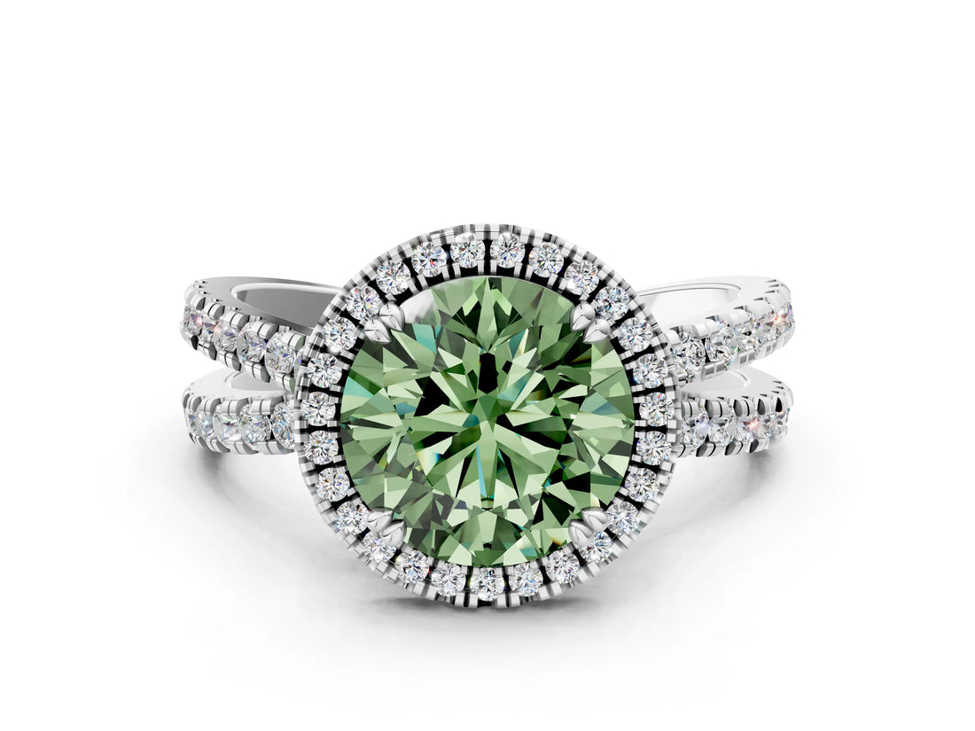 White gold Fancy Green Round  Halo Split Shank Diamond Ring with Pavé Setting_38