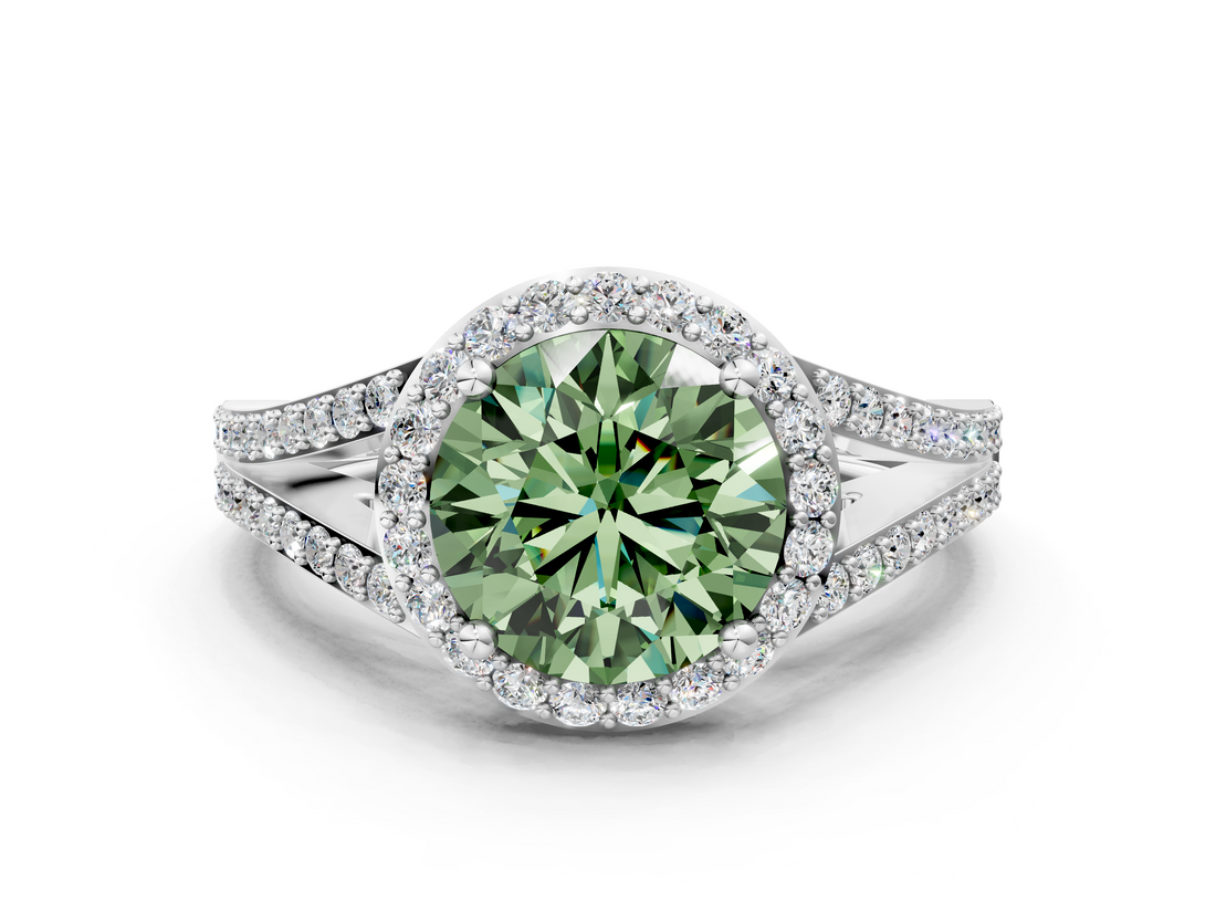 White gold Fancy Green Round  Halo Split Shank Diamond Ring with Prong Setting_20