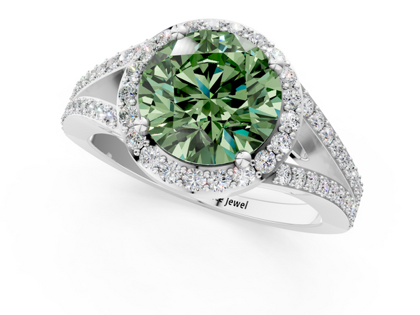White gold Fancy Green Round  Halo Split Shank Diamond Ring with Prong Setting