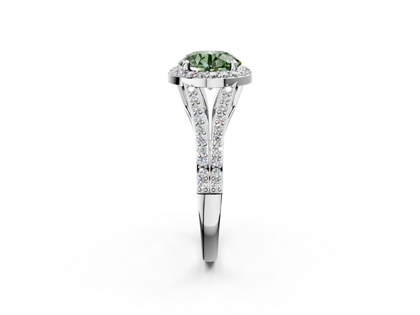 White gold Fancy Green Round  Halo Split Shank Diamond Ring with Prong Setting