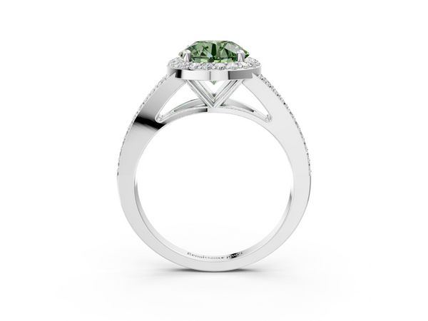 White gold Fancy Green Round  Halo Split Shank Diamond Ring with Prong Setting
