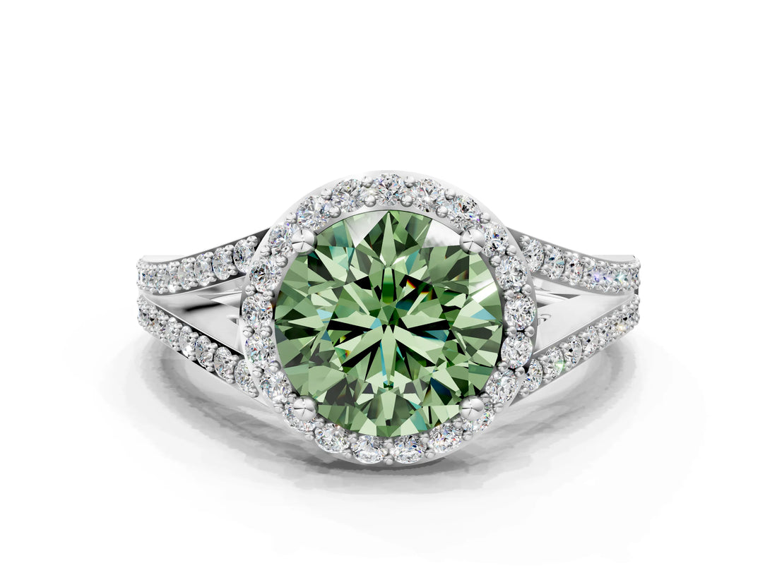 White gold Fancy Green Round  Halo Split Shank Pave Diamond Ring with Four-Prong Setting_48