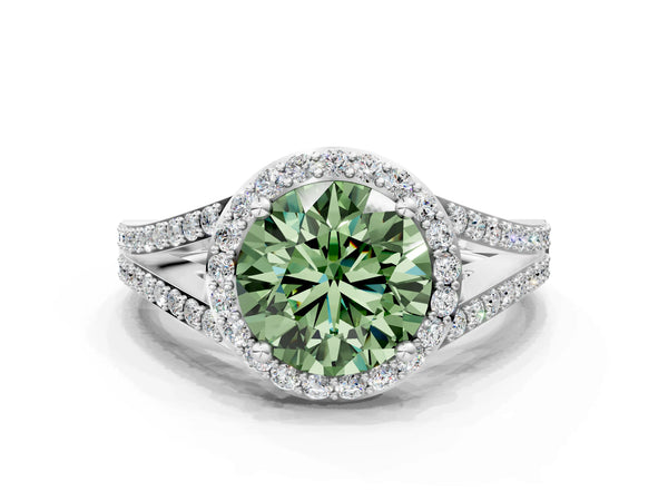 White gold Fancy Green Round  Halo Split Shank Pave Diamond Ring with Four-Prong Setting