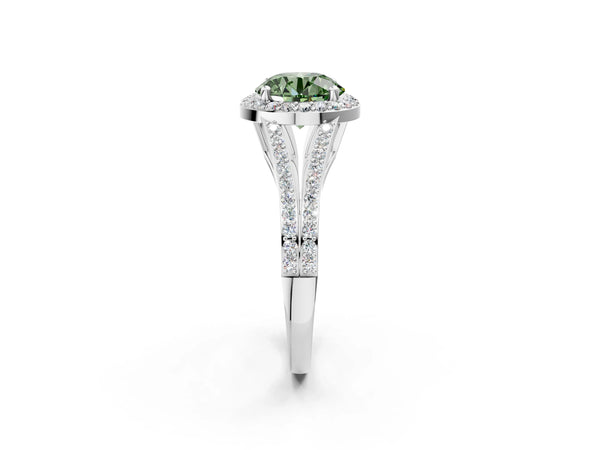 White gold Fancy Green Round  Halo Split Shank Pave Diamond Ring with Four-Prong Setting