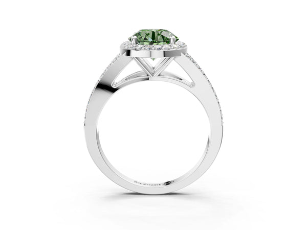 White gold Fancy Green Round  Halo Split Shank Pave Diamond Ring with Four-Prong Setting