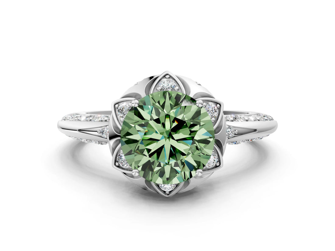 White gold Fancy Green Round  Halo Split Shank Pave Diamond Ring with Petal Prong Setting_32