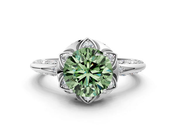 White gold Fancy Green Round  Halo Split Shank Pave Diamond Ring with Petal Prong Setting