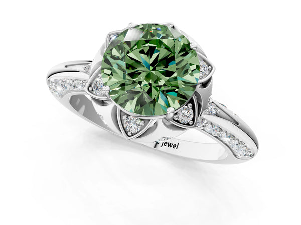 White gold Fancy Green Round  Halo Split Shank Pave Diamond Ring with Petal Prong Setting