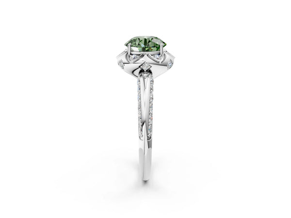 White gold Fancy Green Round  Halo Split Shank Pave Diamond Ring with Petal Prong Setting
