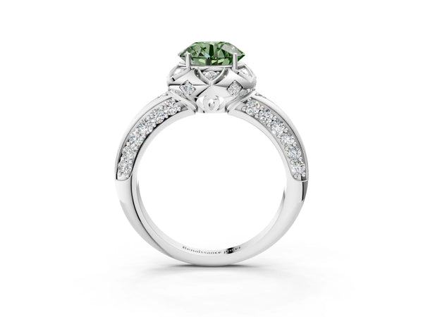 White gold Fancy Green Round  Halo Split Shank Pave Diamond Ring with Petal Prong Setting