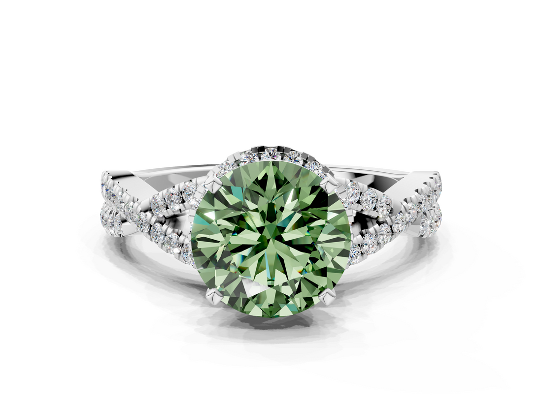 White gold Fancy Green Round  Halo Twist Band Solitaire Prong Setting Ring_62