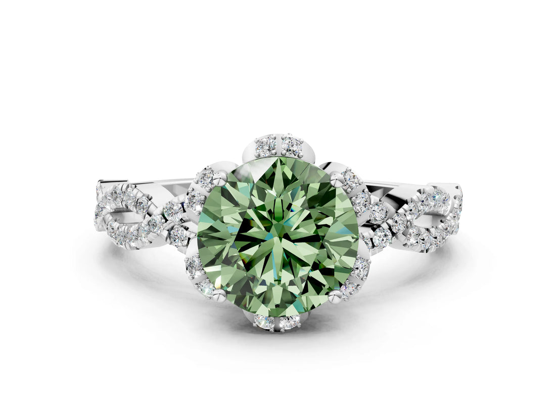 White gold Fancy Green Round  Halo Twist Band Solitaire Ring with Six-Prong Setting_3