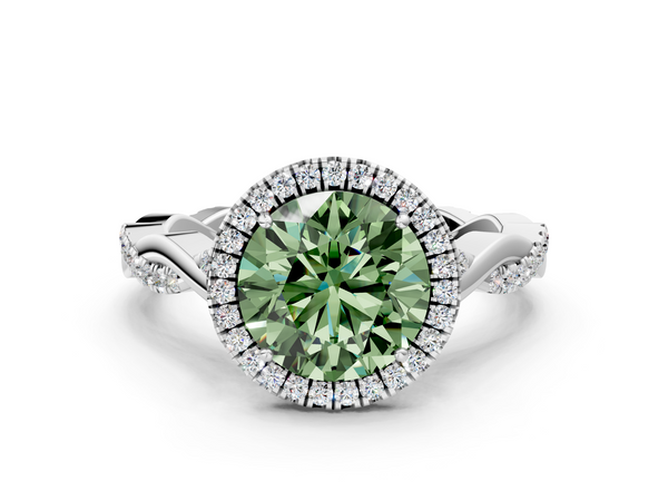 White gold Fancy Green Round  Halo Twist Band Solitaire Ring