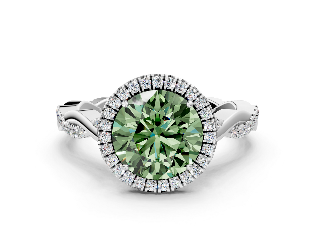 White gold Fancy Green Round  Halo Twist Band Solitaire Ring_20