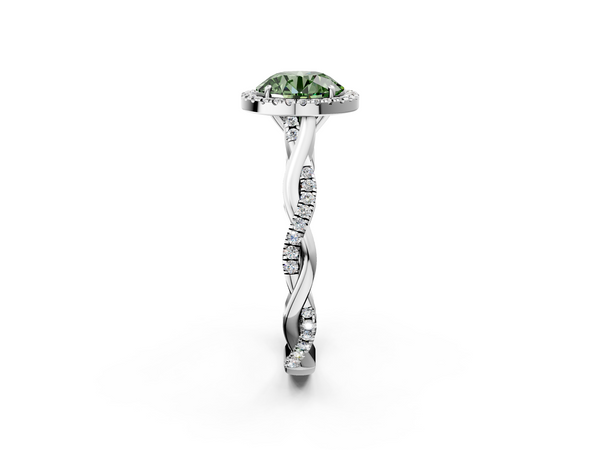 White gold Fancy Green Round  Halo Twist Band Solitaire Ring