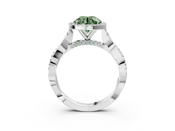 White gold Fancy Green Round  Halo Twist Band Solitaire Ring