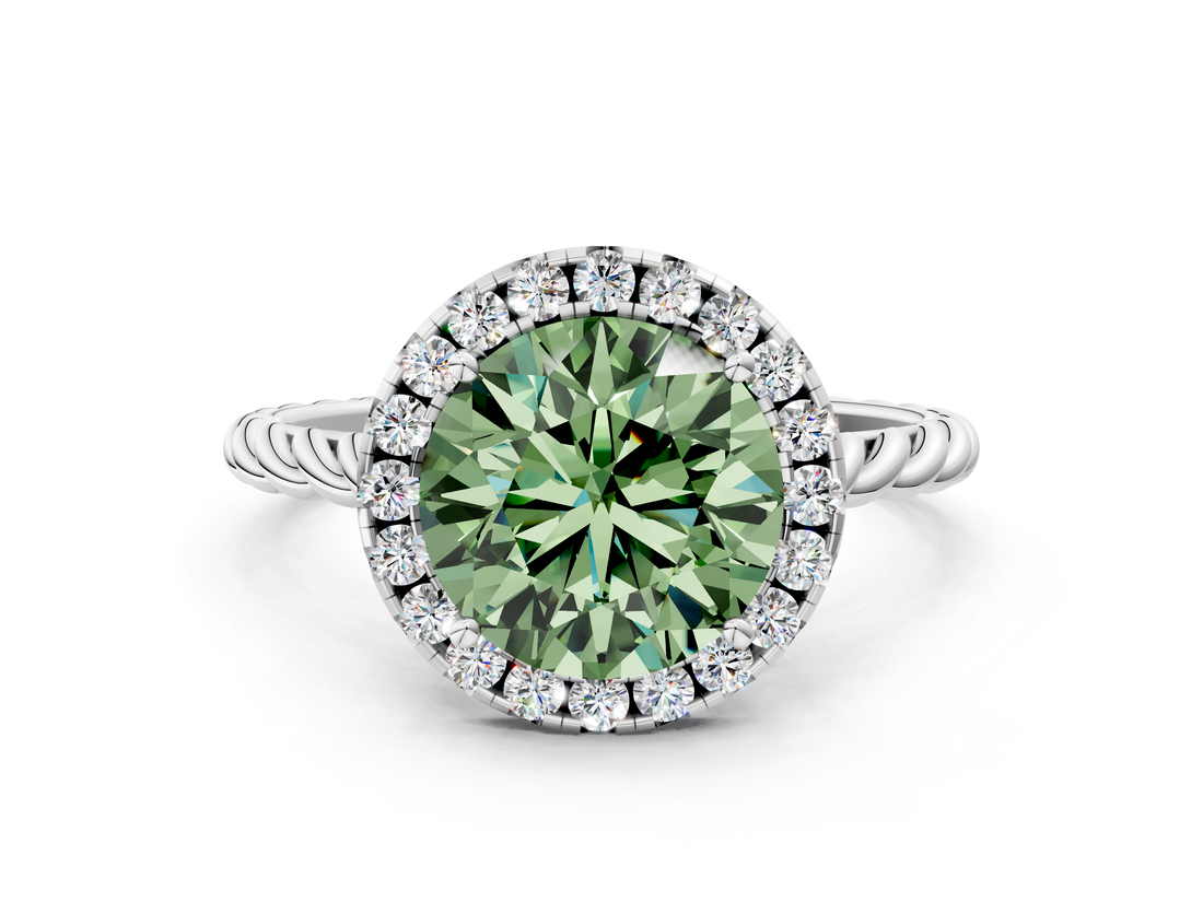White gold Fancy Green Round  Halo Twisted Band Four-Prong Diamond Ring_20