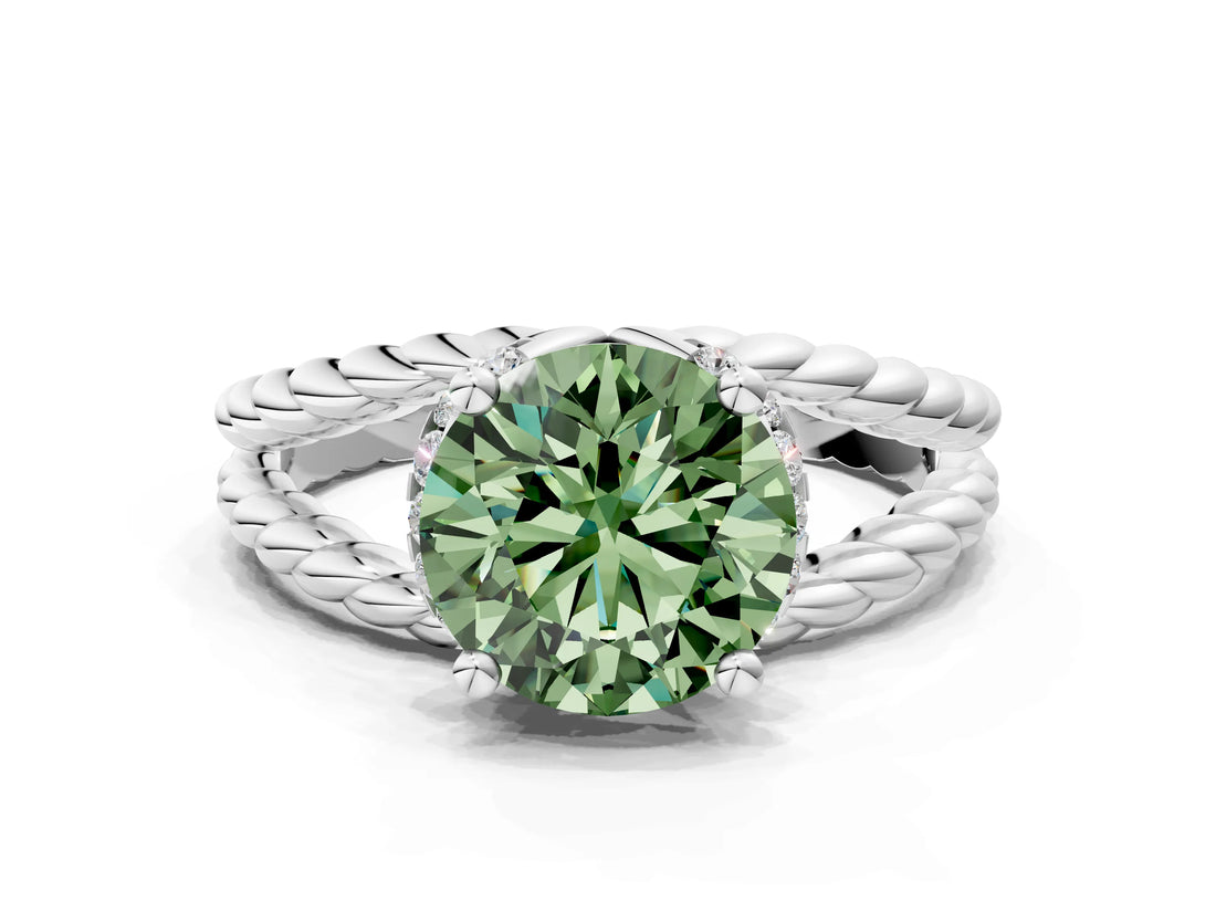 White gold Fancy Green Round  Halo Twisted Band Four-Prong Ring_31