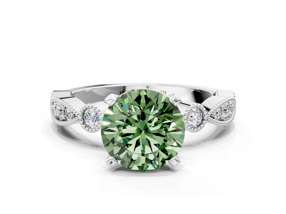 White gold Fancy Green Round  Milgrain Bezel Diamond Engagement Ring with Solitaire Prong Setting_137
