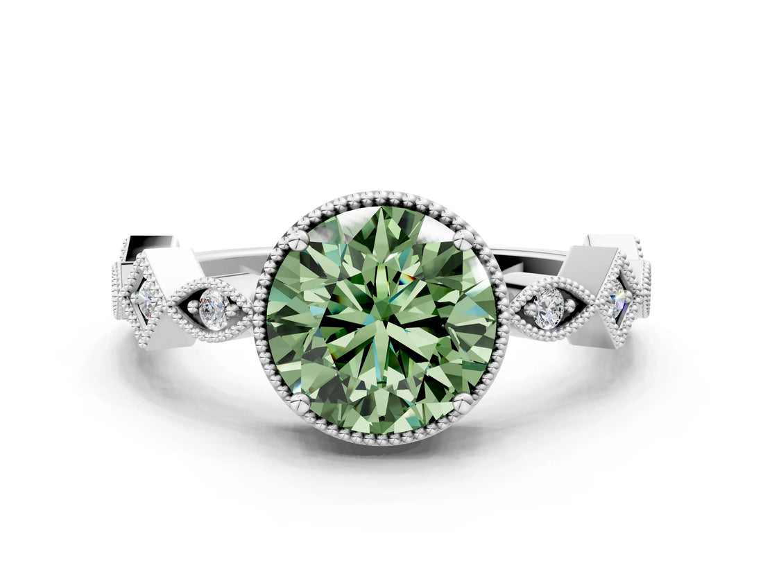 White gold Fancy Green Round  Milgrain Marquise Diamond Twist Band Ring_74