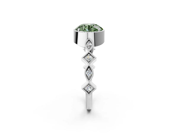 Platinum Fancy Green Round  Milgrain Marquise Diamond Twist Band Ring