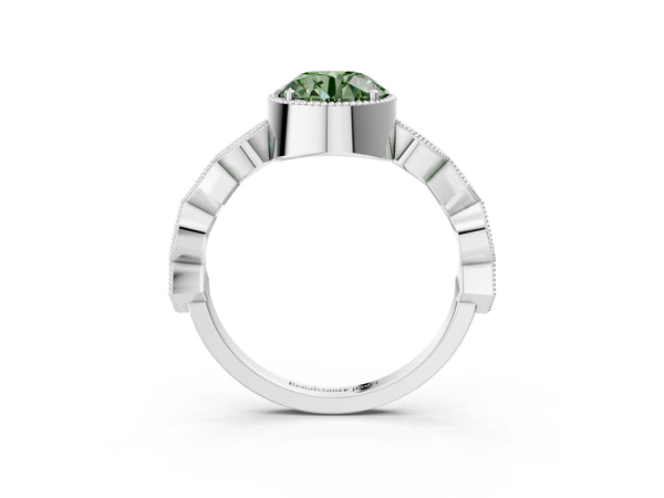 Platinum Fancy Green Round  Milgrain Marquise Diamond Twist Band Ring