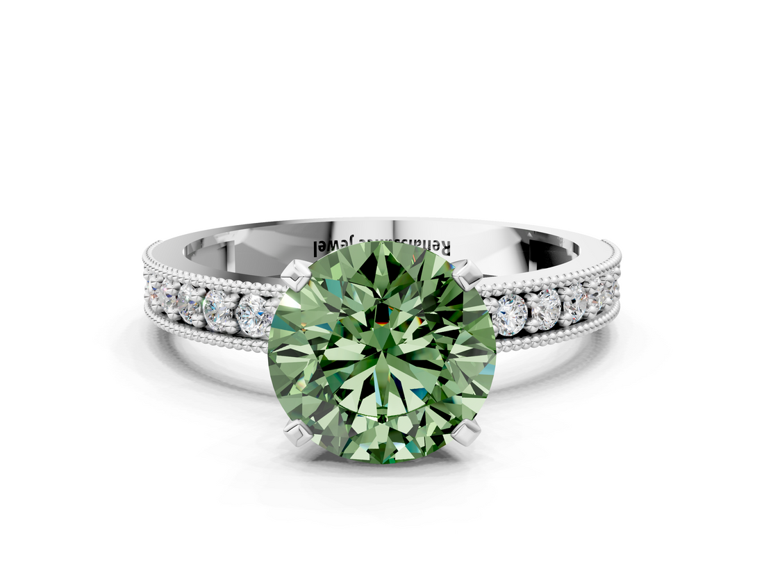 White gold Fancy Green Round  Milgrain Pave Diamond Engagement Ring with Four-Prong Setting_169