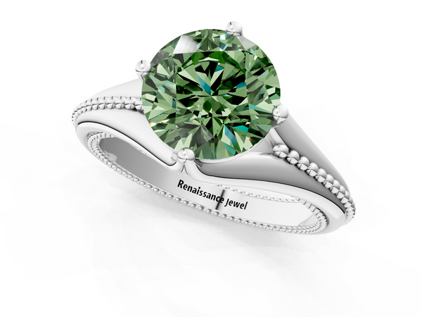 White gold Fancy Green Round  Solitaire Beaded Band Six-Prong Setting