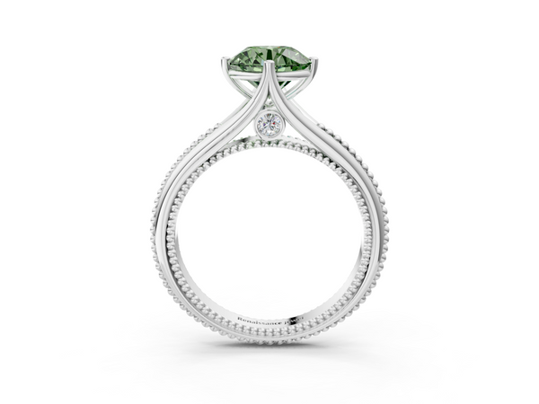 White gold Fancy Green Round  Solitaire Beaded Band Six-Prong Setting