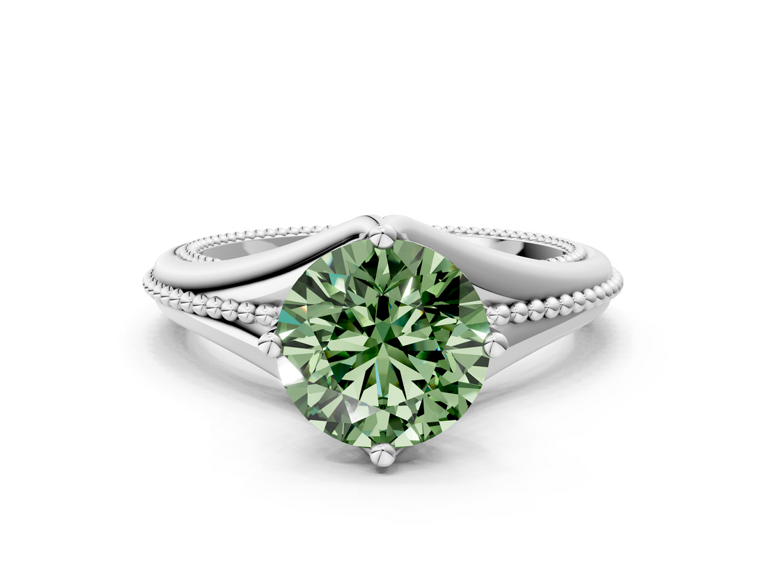 White gold Fancy Green Round  Solitaire Beaded Band Six-Prong Setting