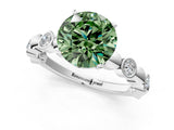 White gold Fancy Green Round  Solitaire Bezel-Set Diamond Ring with Beaded Band and Four-Prong Setting_54