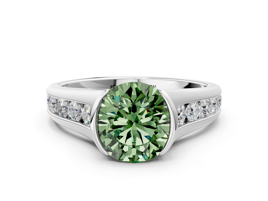White gold Fancy Green Round  Solitaire Bezel-Set Diamond Ring with Channel-Set Band_20