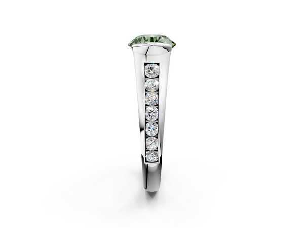 White gold Fancy Green Round  Solitaire Bezel-Set Diamond Ring with Channel-Set Band