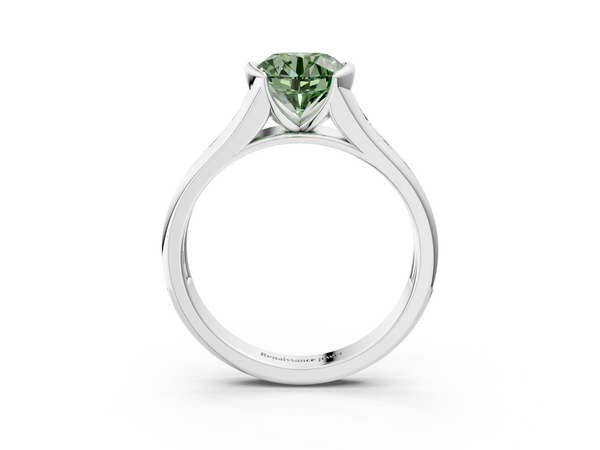 White gold Fancy Green Round  Solitaire Bezel-Set Diamond Ring with Channel-Set Band