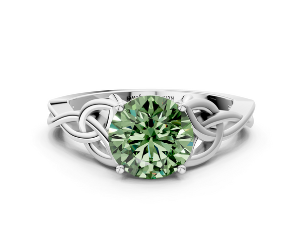 Platinum Fancy Green Round Cut Diamond Solitaire Engagement Ring with Celtic Knot Band and Four-Prong Setting