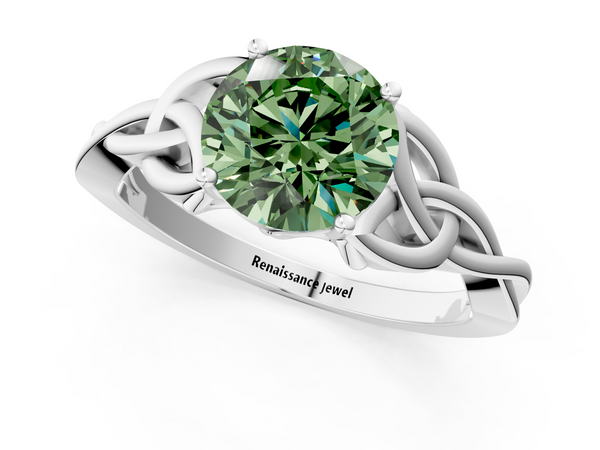 Platinum Fancy Green Round Cut Diamond Solitaire Engagement Ring with Celtic Knot Band and Four-Prong Setting