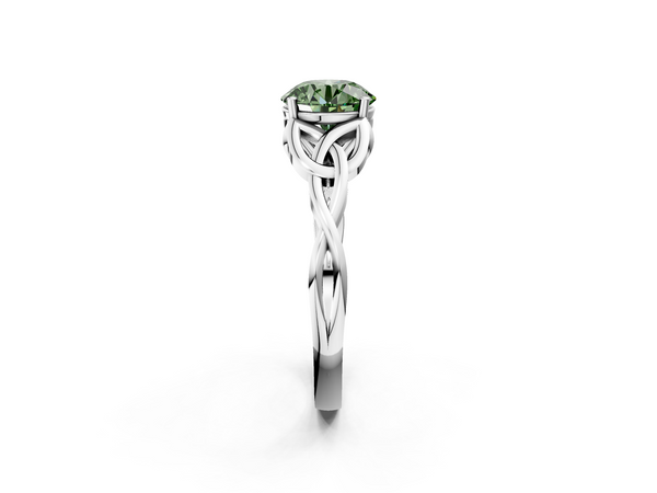 Platinum Fancy Green Round Cut Diamond Solitaire Engagement Ring with Celtic Knot Band and Four-Prong Setting