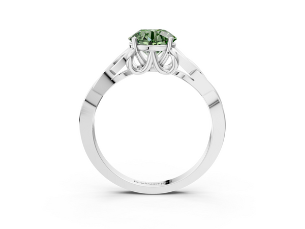 Platinum Fancy Green Round Cut Diamond Solitaire Engagement Ring with Celtic Knot Band and Four-Prong Setting