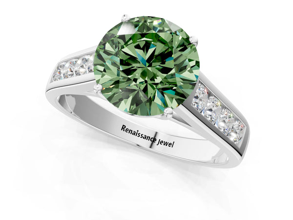 White gold Fancy Green Round  Solitaire Channel-Set Diamond Engagement Ring with Four-Prong Setting