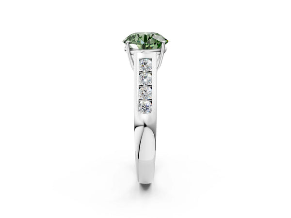 White gold Fancy Green Round  Solitaire Channel-Set Diamond Engagement Ring with Four-Prong Setting