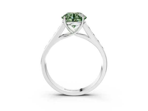 White gold Fancy Green Round  Solitaire Channel-Set Diamond Engagement Ring with Four-Prong Setting