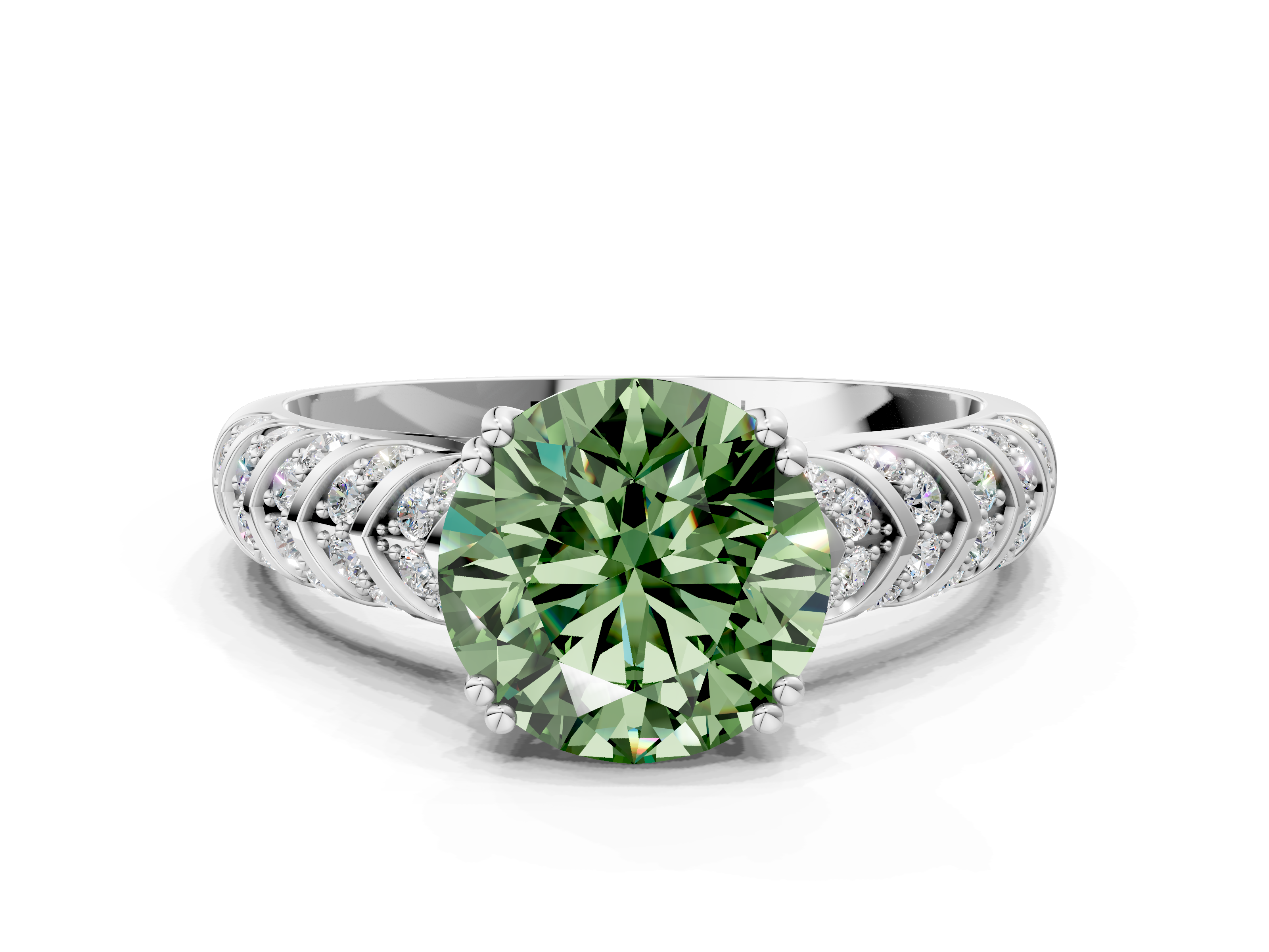 White gold Fancy Green Round  Solitaire Chevron Pave Diamond Engagement Ring with Six-Prong Setting_3