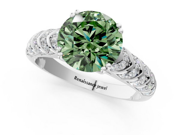 White gold Fancy Green Round  Solitaire Chevron Pave Diamond Engagement Ring with Six-Prong Setting