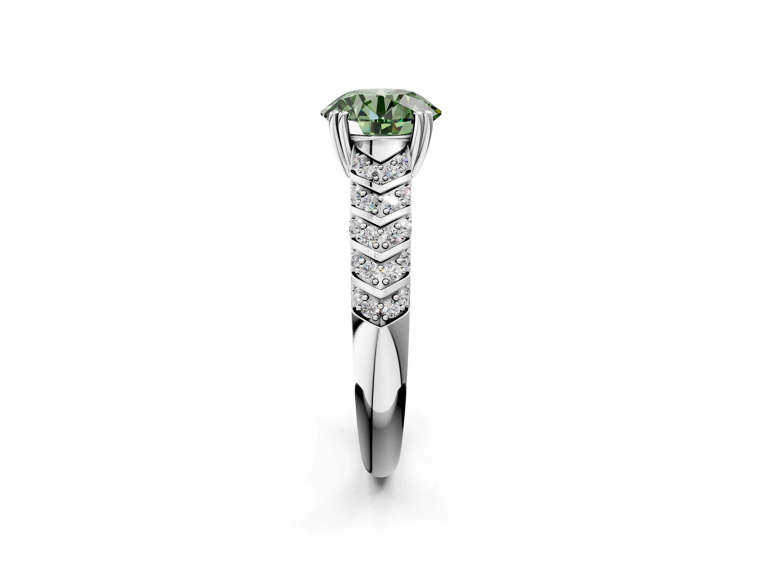 White gold Fancy Green Round  Solitaire Chevron Pave Diamond Engagement Ring with Six-Prong Setting_5