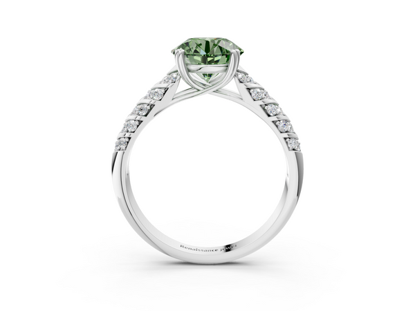 White gold Fancy Green Round  Solitaire Chevron Pave Diamond Engagement Ring with Six-Prong Setting