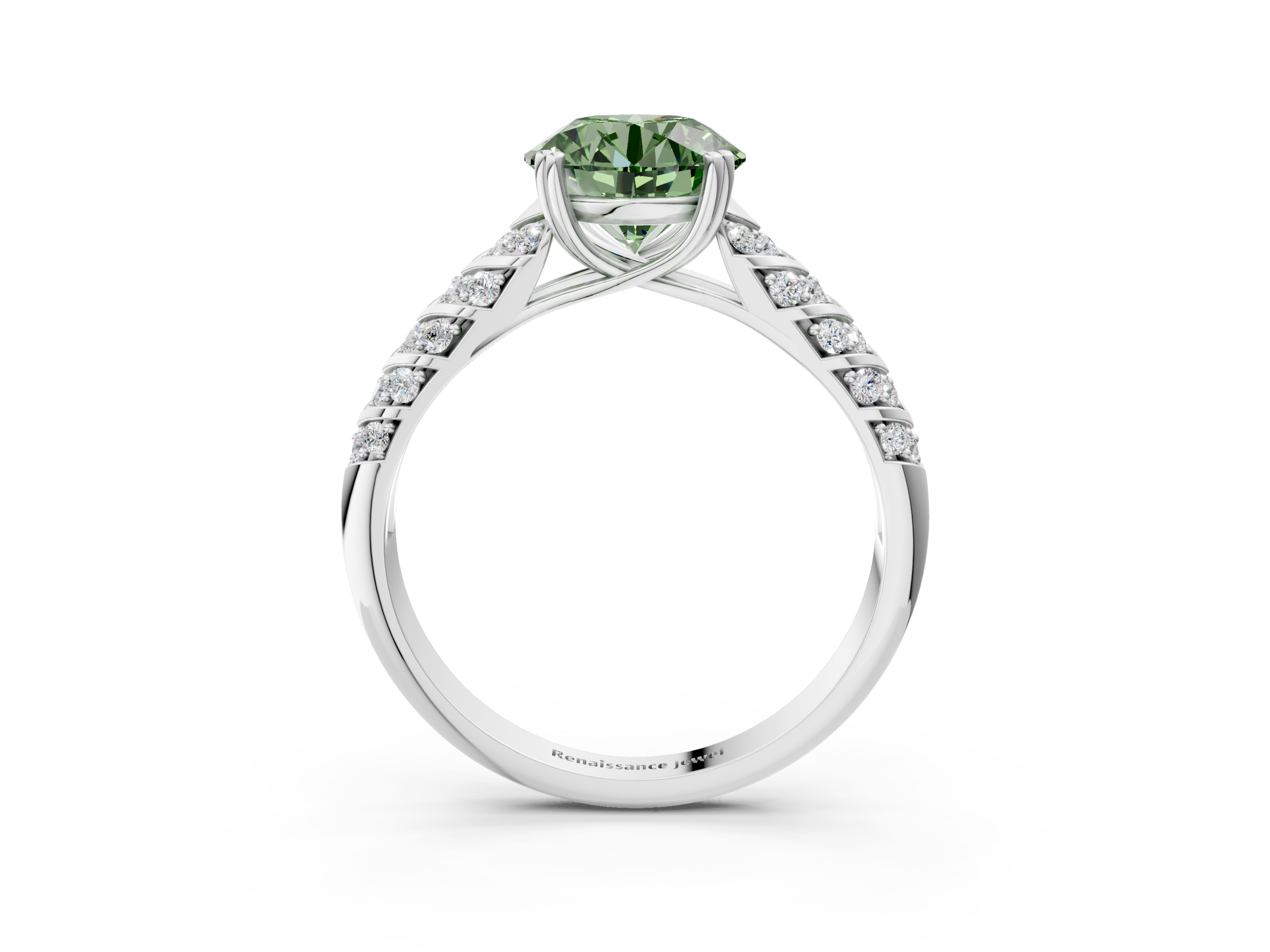 White gold Fancy Green Round  Solitaire Chevron Pave Diamond Engagement Ring with Six-Prong Setting_6