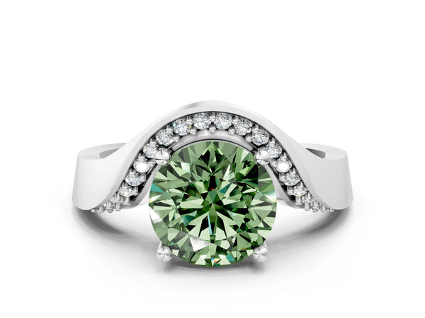 White Gold Round Bypass Solitaire Engagement Ring Setting for Fancy Green Center with Pave Wave Band