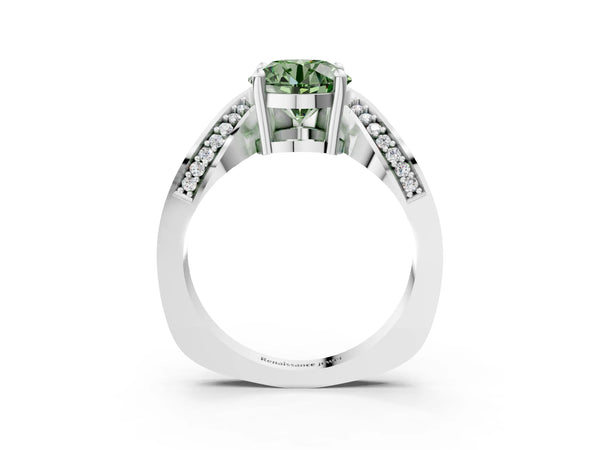 White Gold Round Bypass Solitaire Engagement Ring Setting for Fancy Green Center with Pave Wave Band
