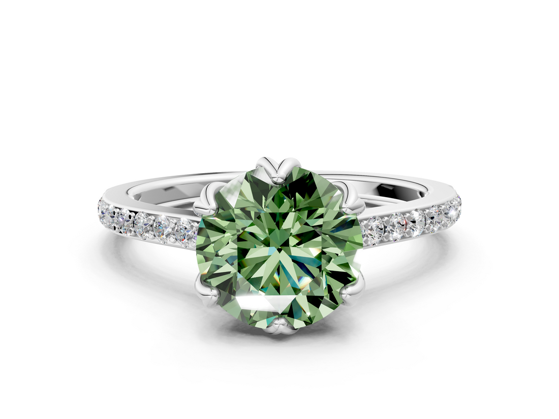 White gold Fancy Green Round  Solitaire Diamond Engagement Ring with Pave Band and Six-Prong Setting_20