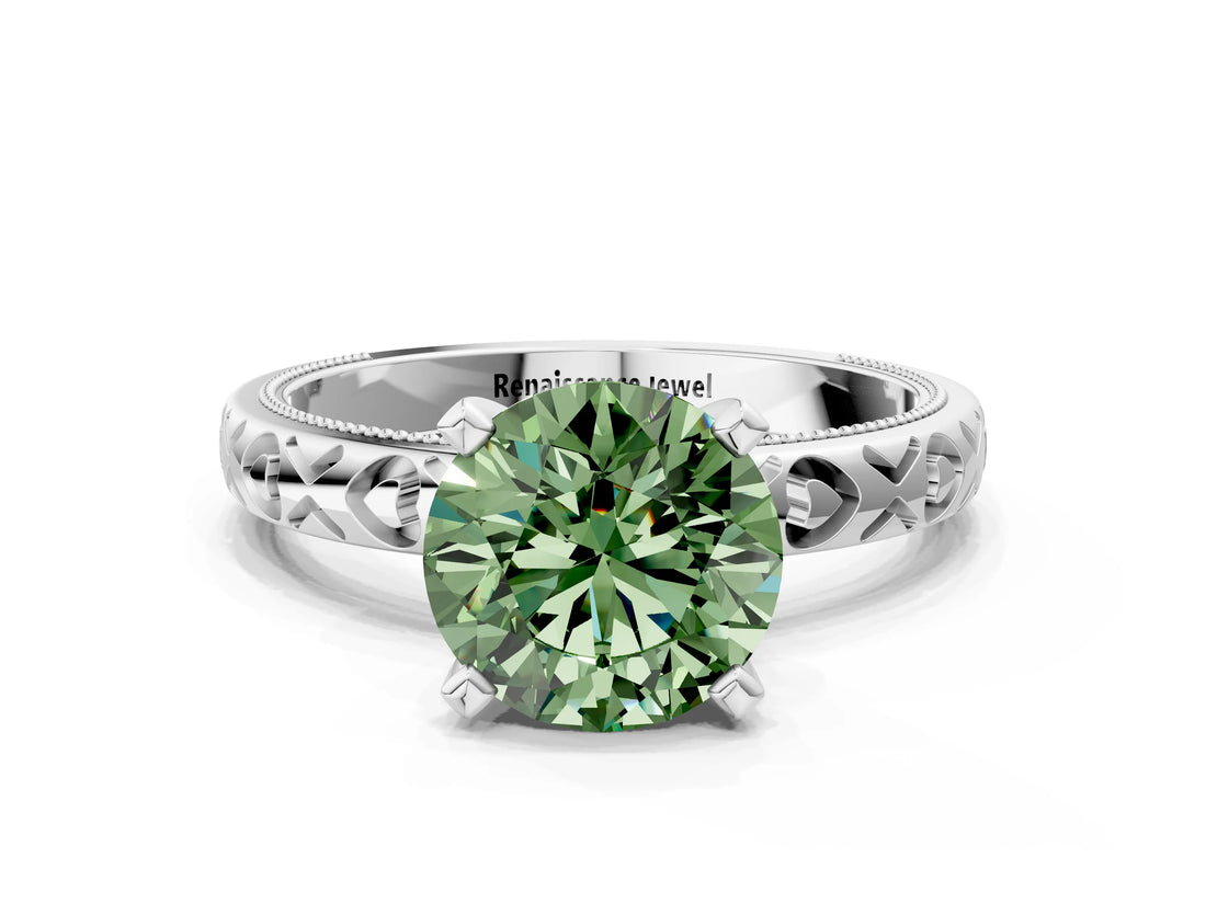 White gold Fancy Green Round  Solitaire Diamond Engagement Ring with XO Engraved Band and Four-Prong Setting 1